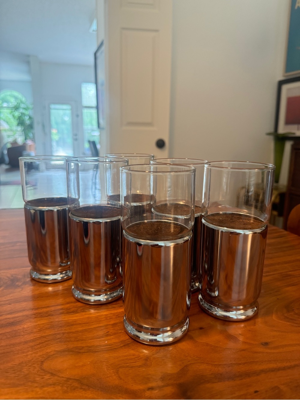 Vintage Set of 6 1960s Chrome/Cork 12 oz Highball Glasses, Hellerware Barware